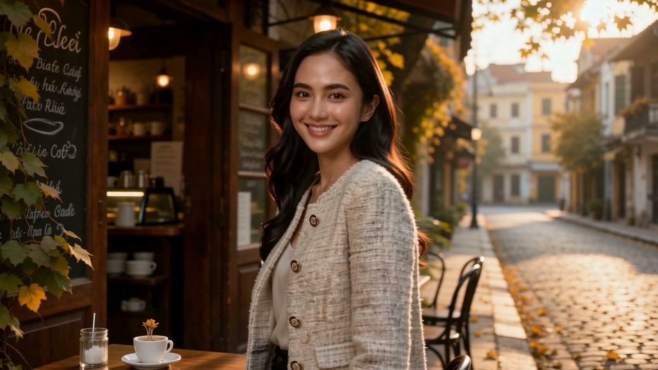 Cảnh Cinematic Seedance 2.0 trên HeyGen, nhân vật thời trang quay lại cười trước quán cà phê