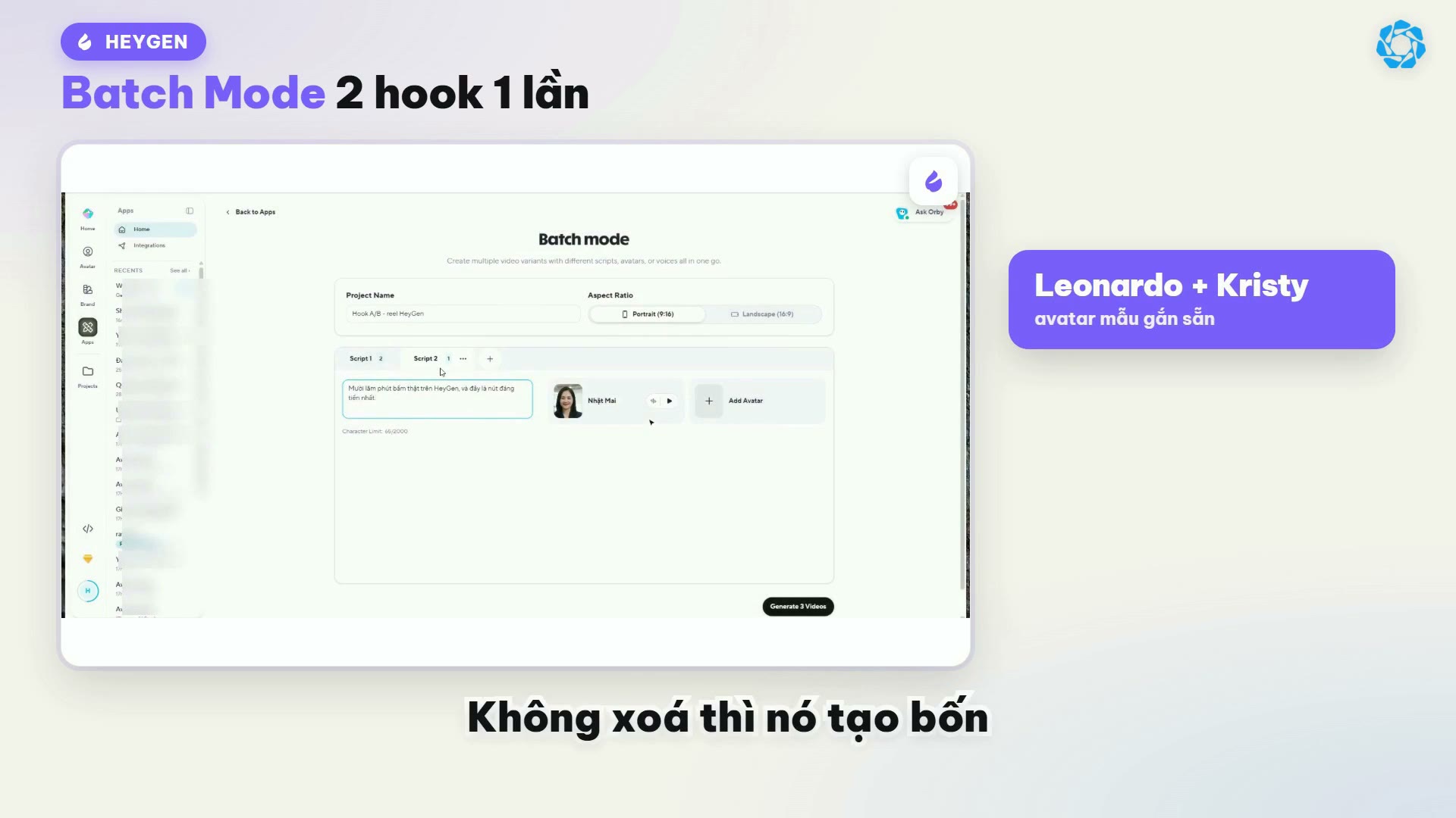 Batch Mode HeyGen gắn sẵn 2 avatar mẫu Leonardo và Kristy, dễ tạo thừa video
