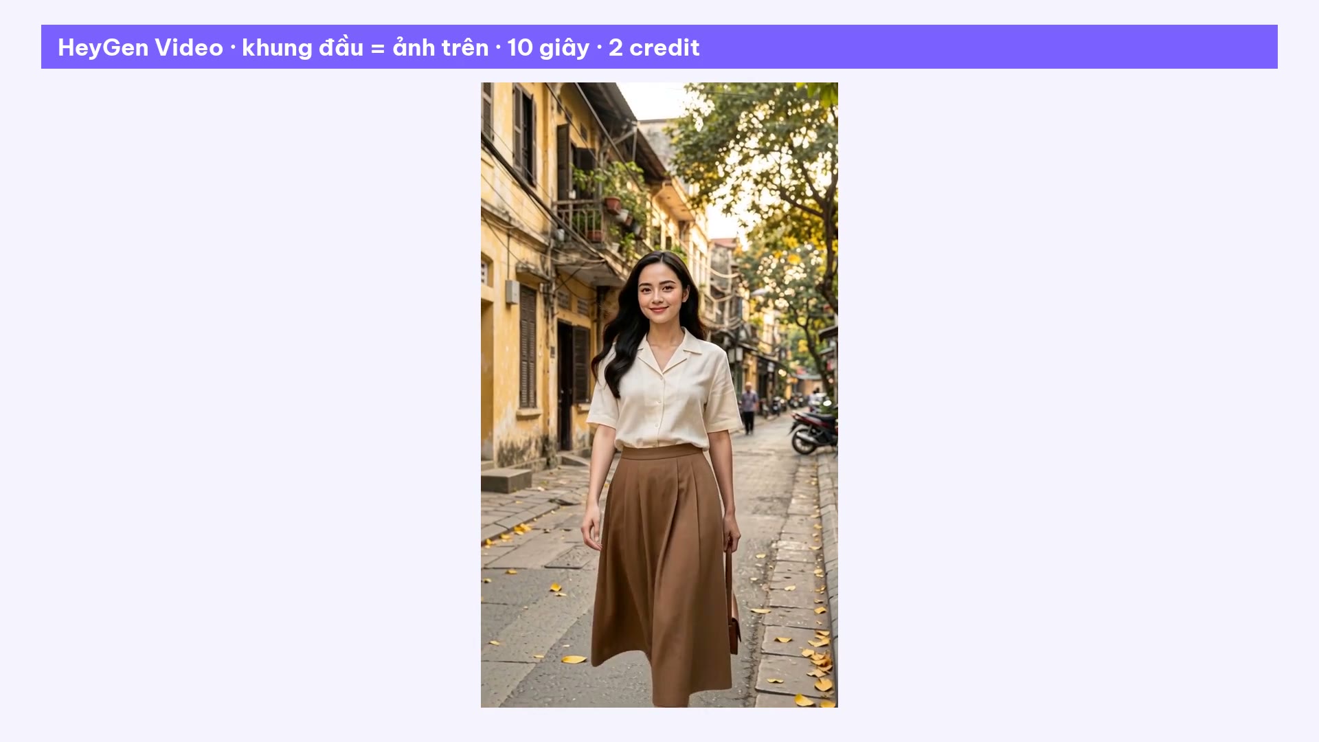 Cảnh video 10 giây tạo bằng HeyGen Video First Frame từ ảnh phố cổ, 2 credit