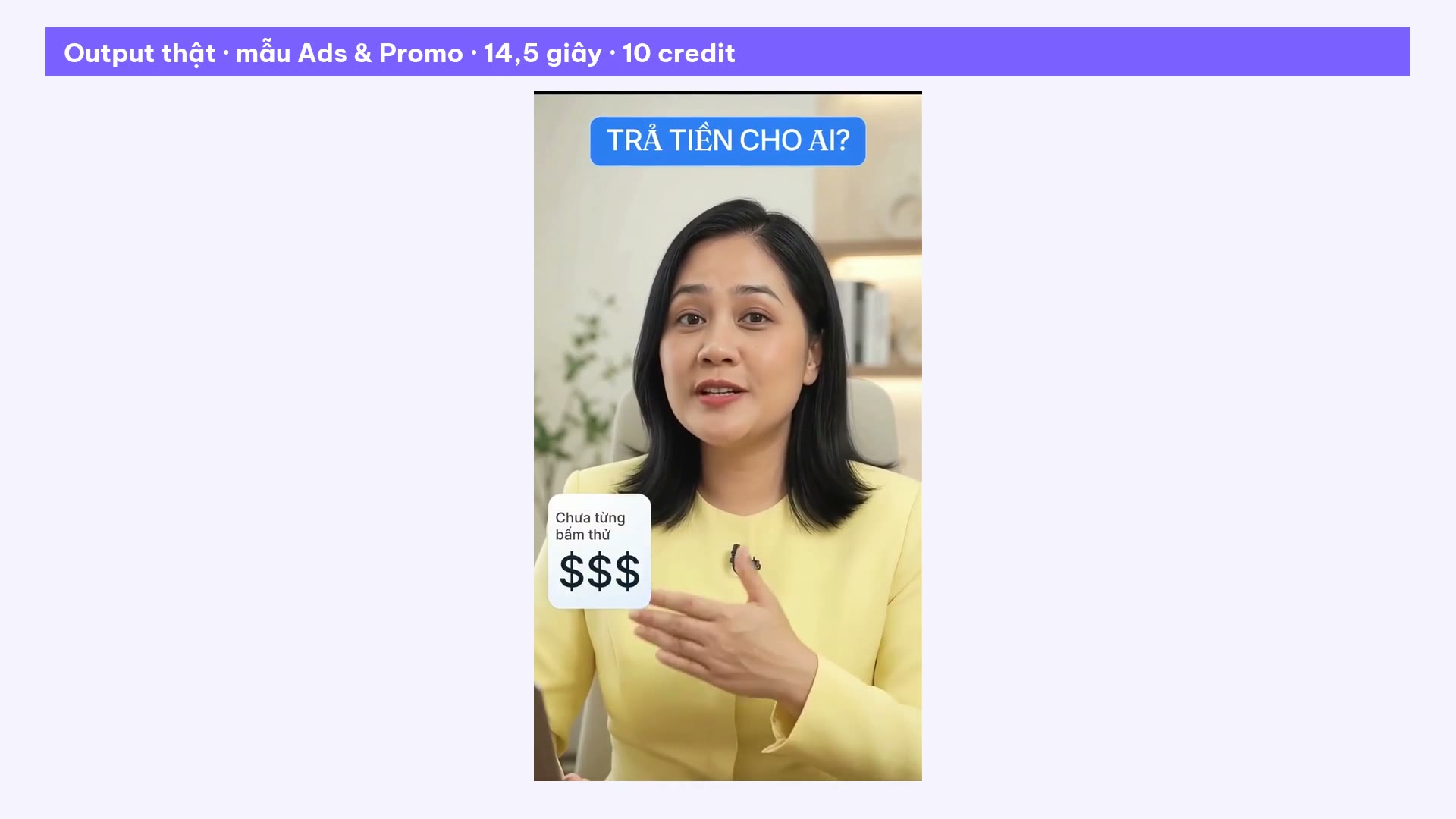 Video quảng cáo HeyGen từ mẫu Ads & Promo: avatar mở đầu bằng câu hỏi Trả tiền cho AI