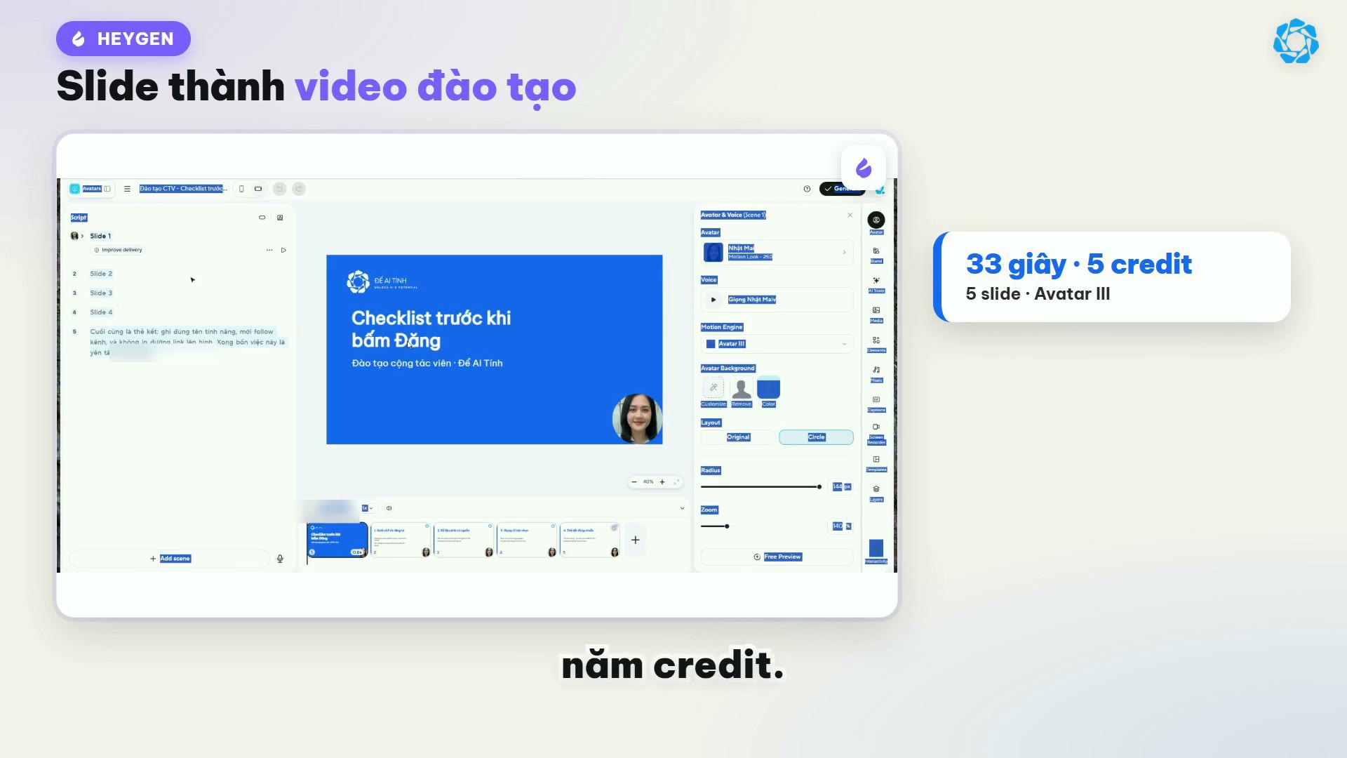 Video đào tạo PPT to Video HeyGen dài 33 giây tốn 5 credit với Avatar III