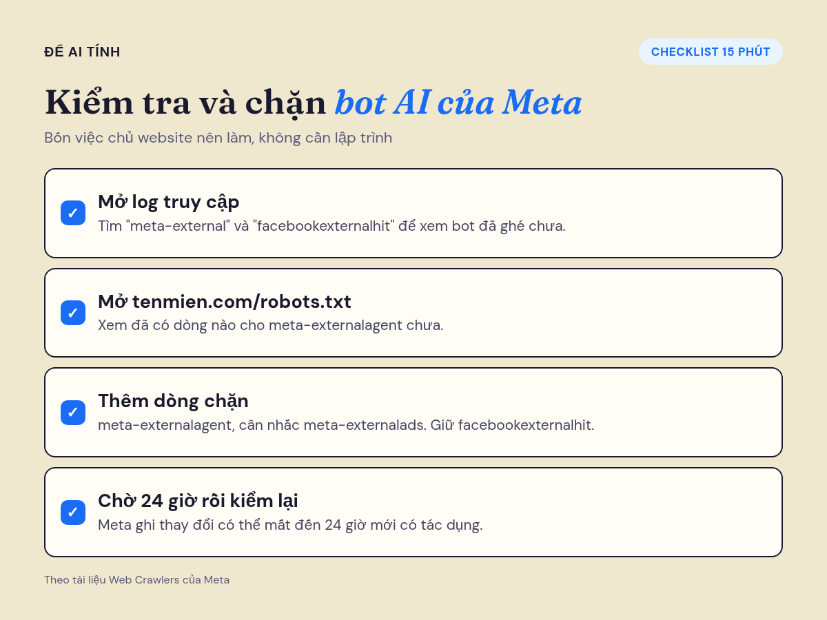 Checklist 4 bước kiểm tra và chặn bot AI của Meta trên website