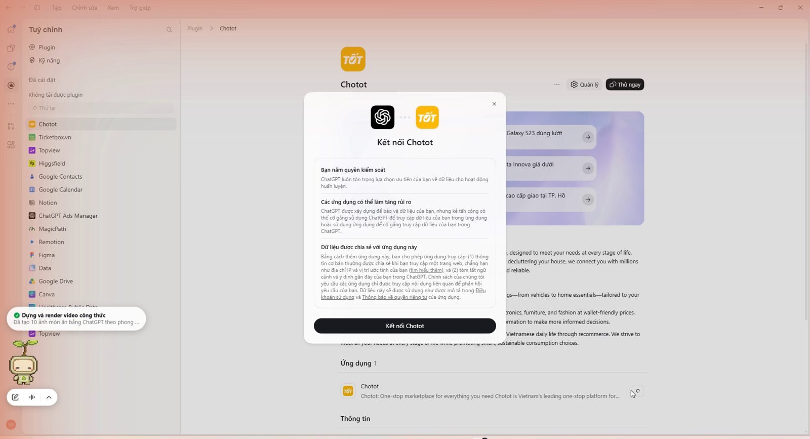 Hộp kết nối plugin Chợ Tốt trong Codex không cần đăng nhập