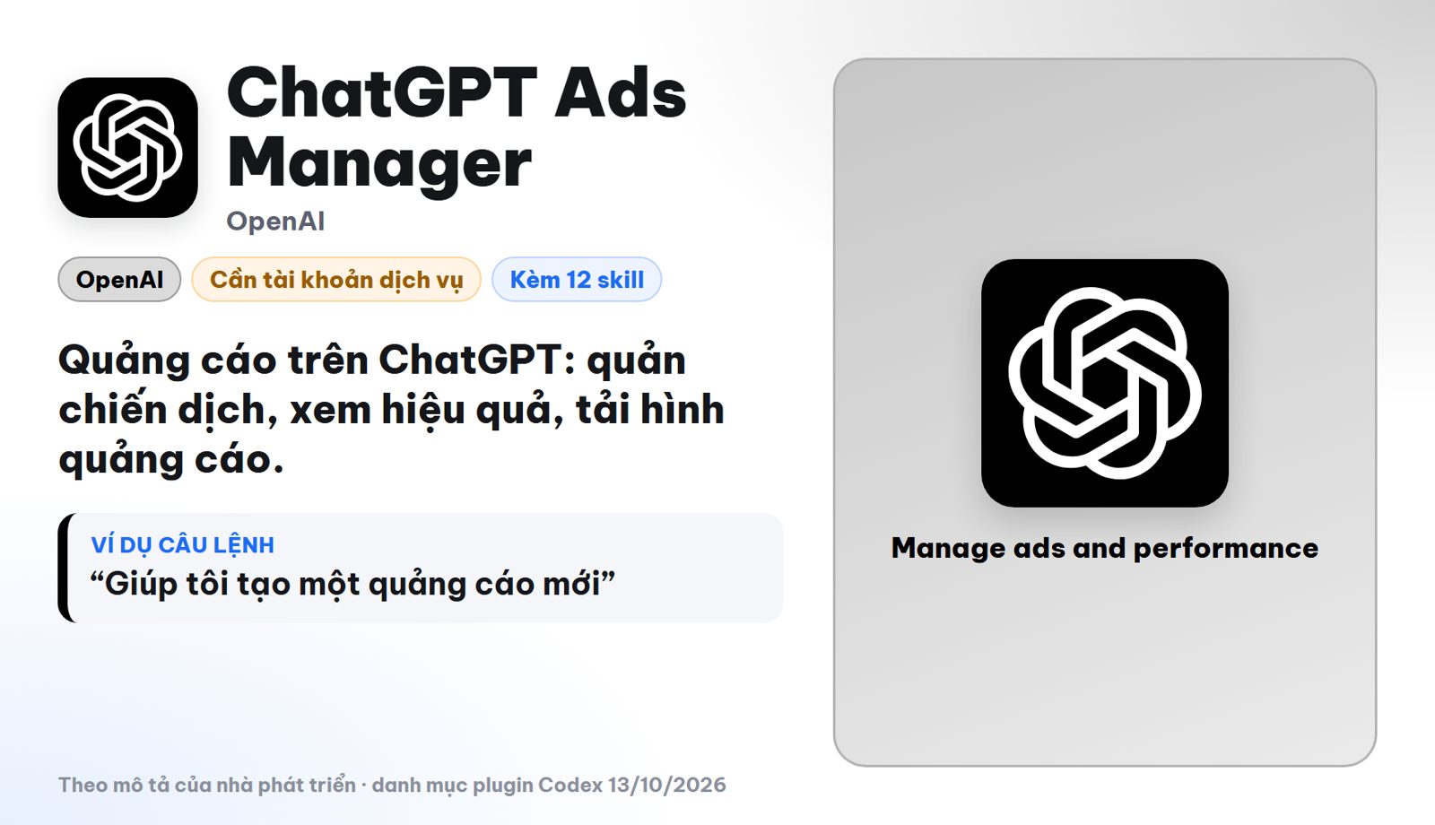 Plugin ChatGPT Ads Manager của OpenAI quản lý quảng cáo trong Codex