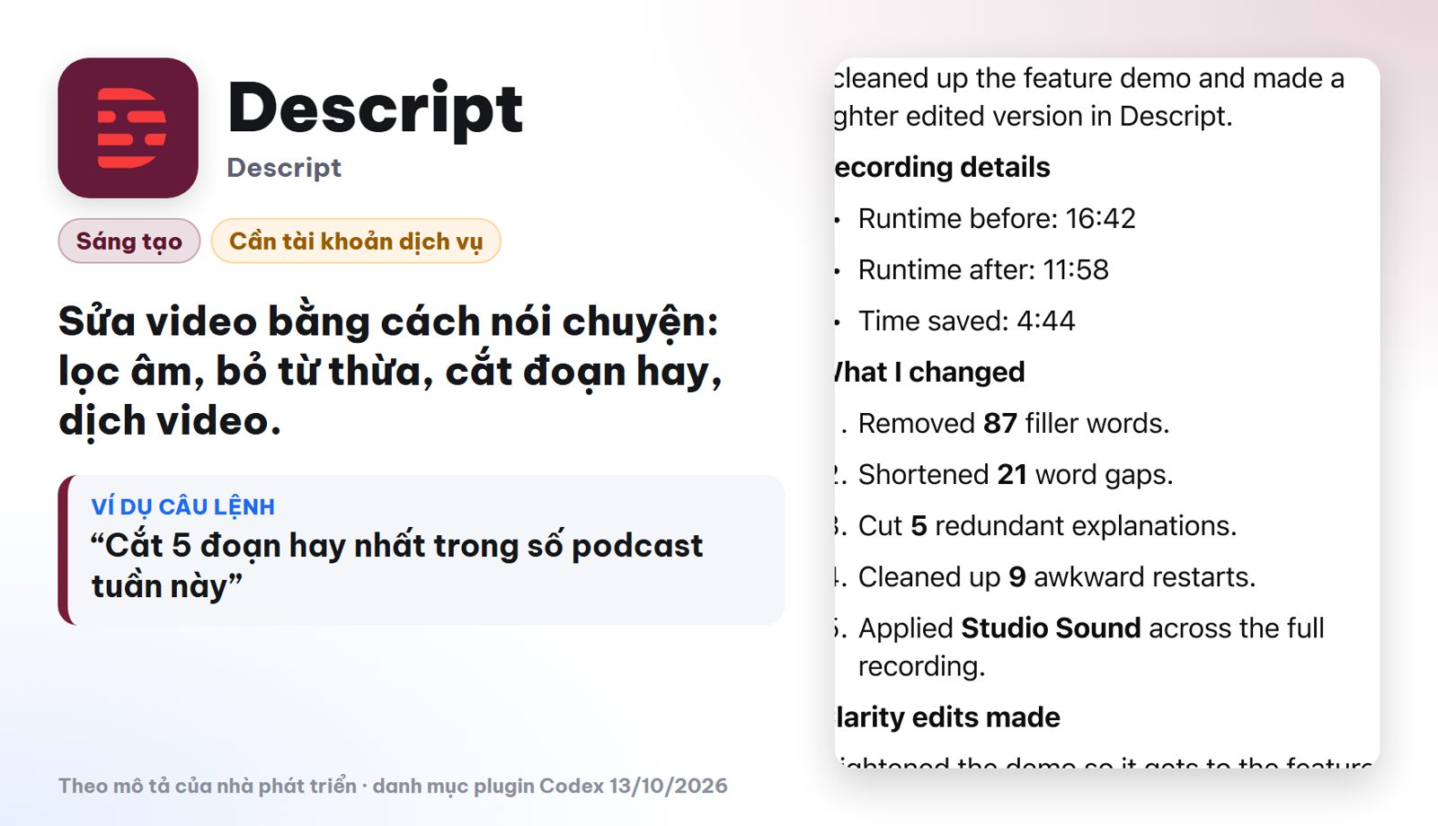 Plugin Descript trong Codex sửa video bằng cách nói chuyện