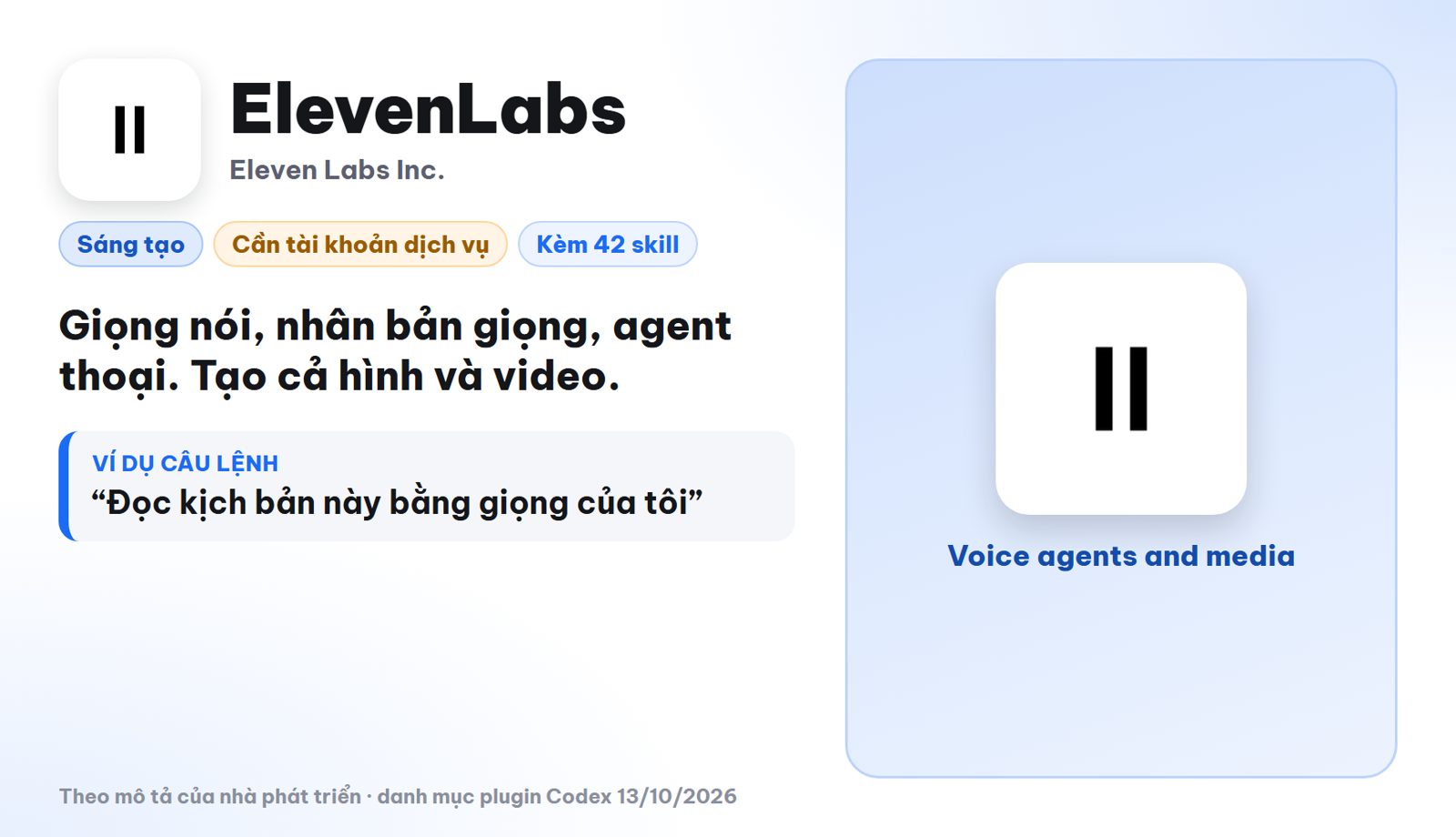 Plugin ElevenLabs trong Codex tạo giọng nói và nhân bản giọng