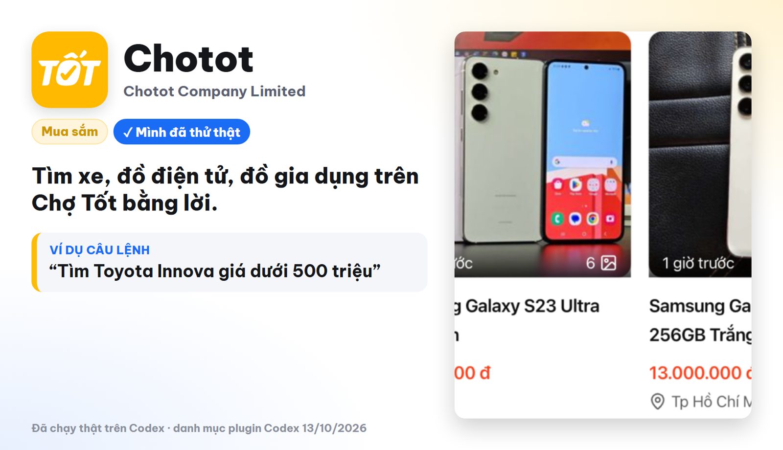 Plugin Codex cho người Việt Chợ Tốt tìm xe và đồ cũ bằng lời
