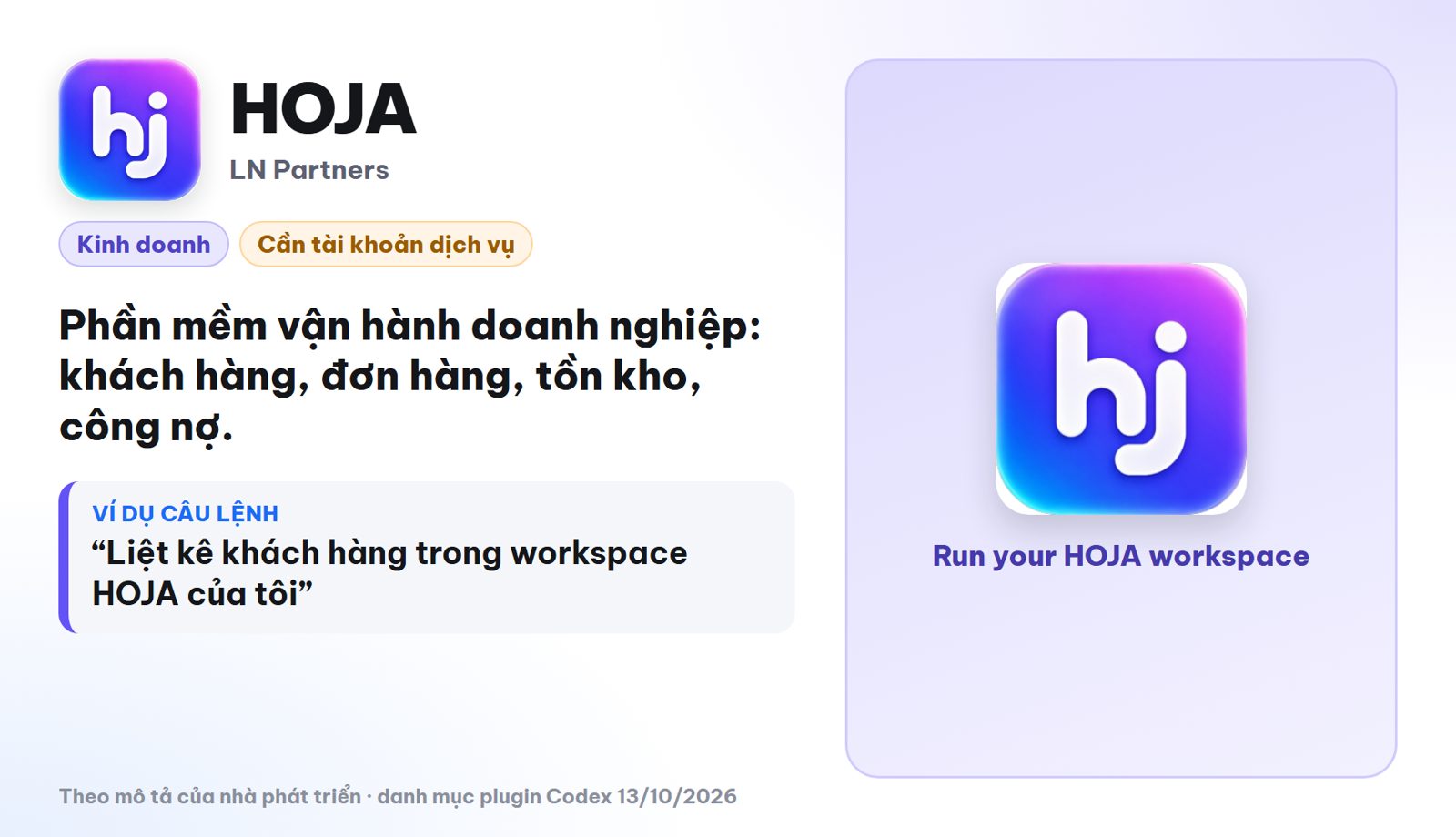 Plugin HOJA quản lý doanh nghiệp bằng lời trong Codex