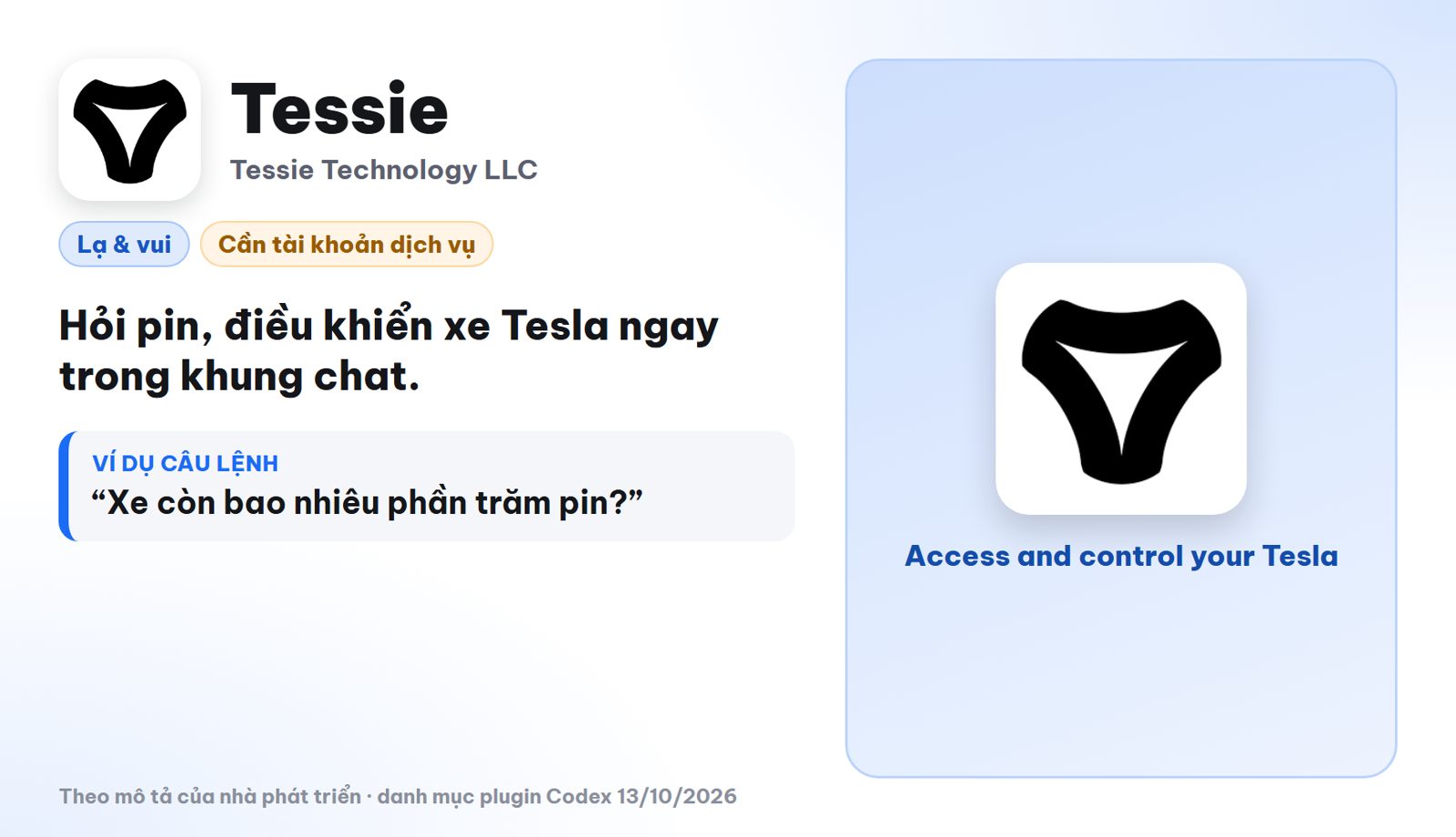 Plugin Codex lạ Tessie hỏi pin và điều khiển xe Tesla trong khung chat