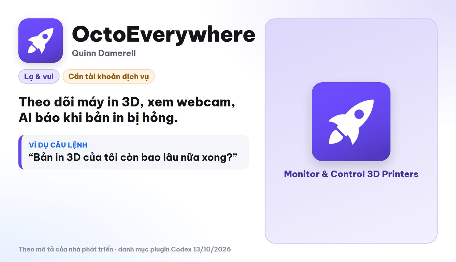 Plugin Codex lạ OctoEverywhere theo dõi và điều khiển máy in 3D