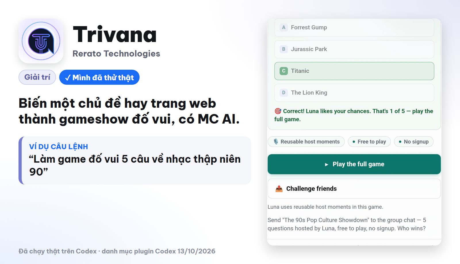 Plugin Trivana biến chủ đề thành gameshow đố vui trong Codex
