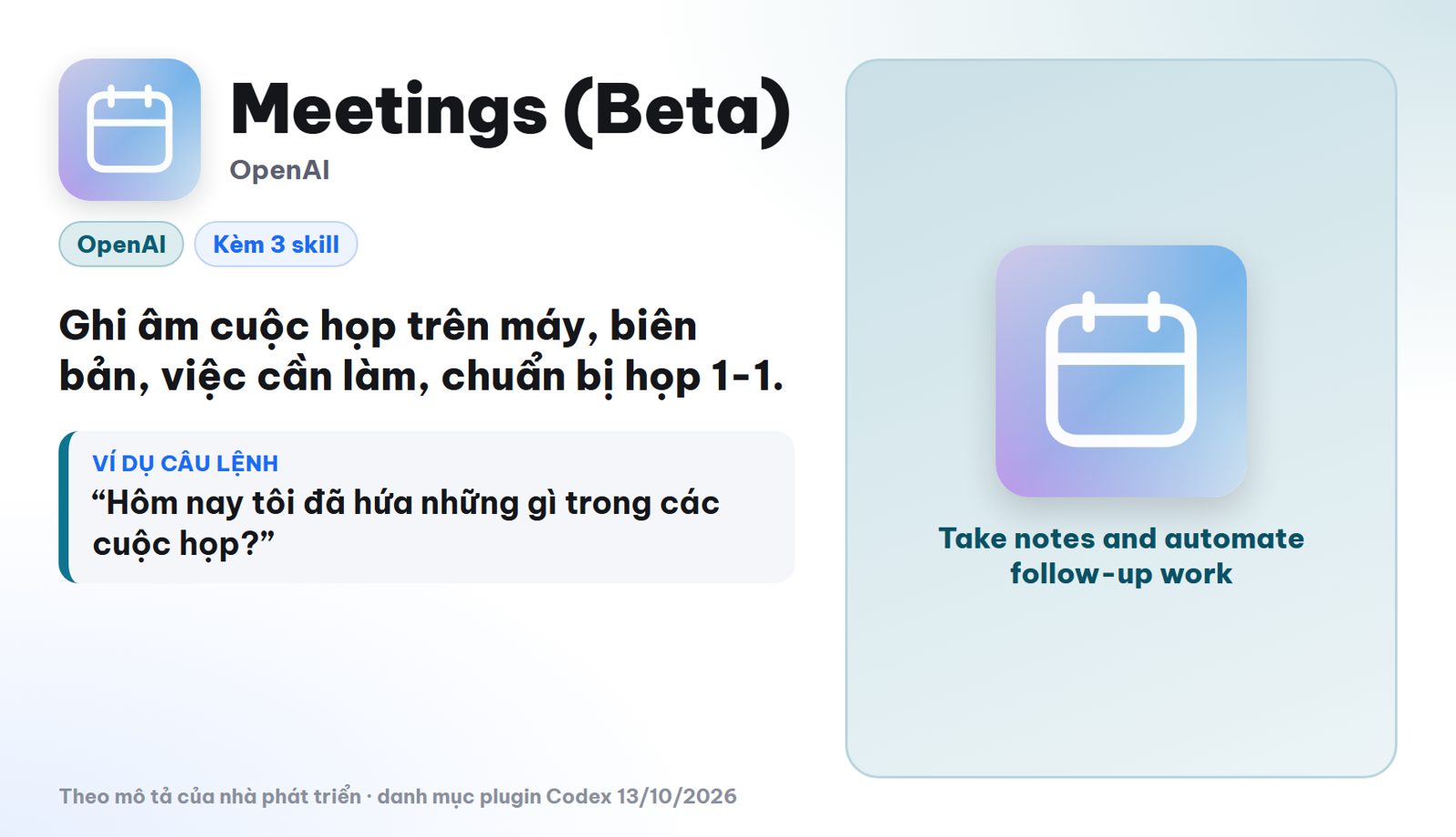 Plugin của OpenAI trong Codex: Meetings ghi âm cuộc họp, ra biên bản và việc cần làm