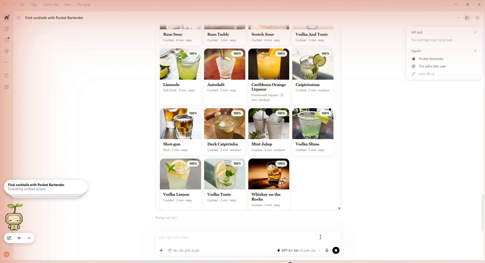 Lưới thẻ cocktail có phần trăm khớp nguyên liệu từ plugin Pocket Bartender