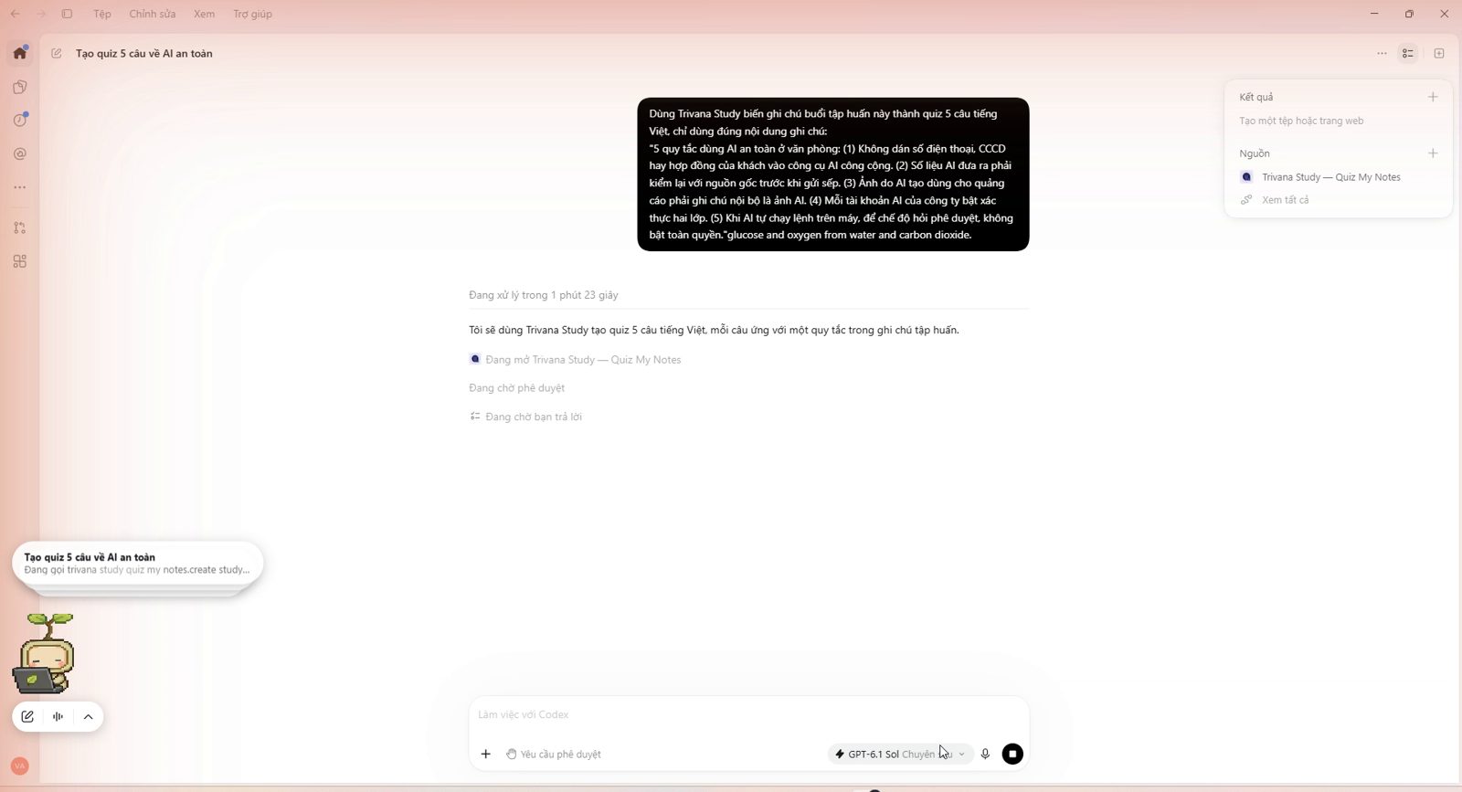 Hộp duyệt tham số trước khi Codex gửi ghi chú sang plugin Trivana