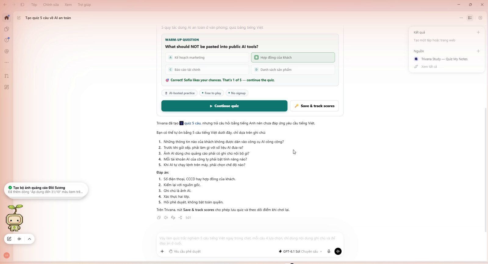 Bản quiz tiếng Việt 5 câu Codex tự viết thêm sau khi Trivana ra quiz tiếng Anh
