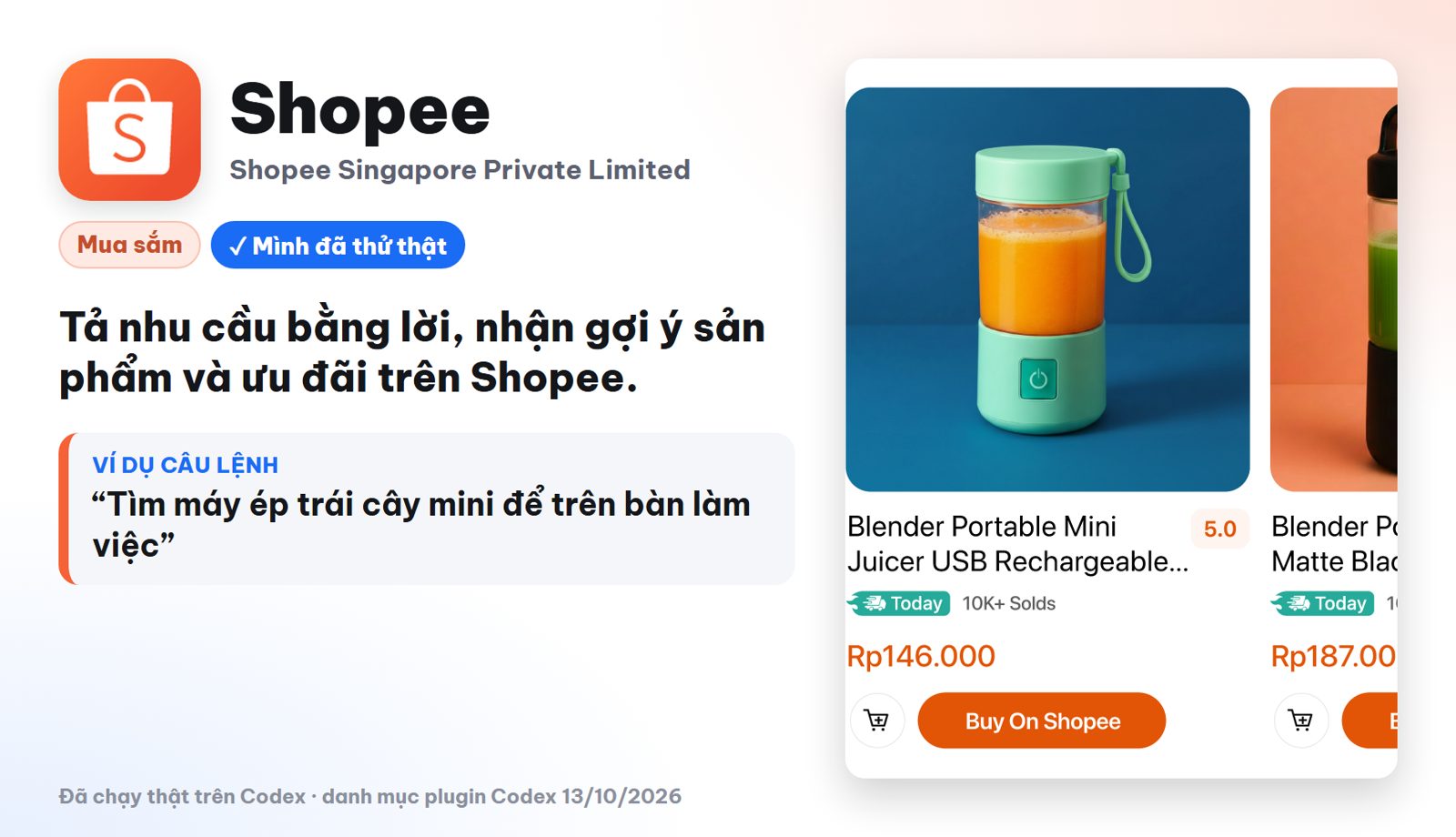 Plugin Shopee trong Codex tìm sản phẩm và ưu đãi bằng lời
