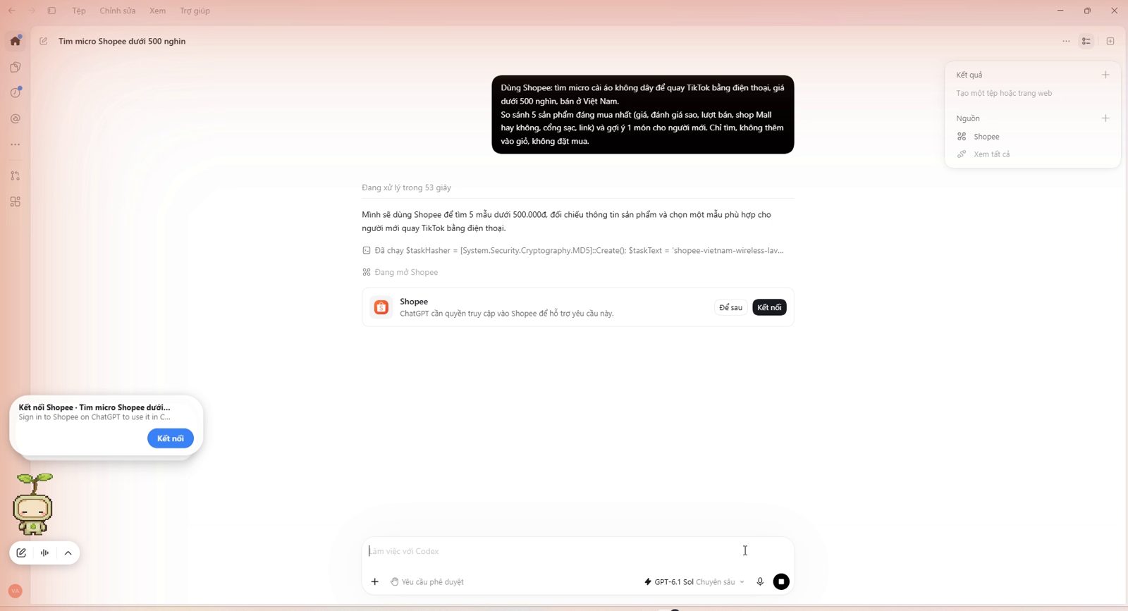 Hộp xin kết nối tài khoản khi gọi plugin Shopee trong Codex