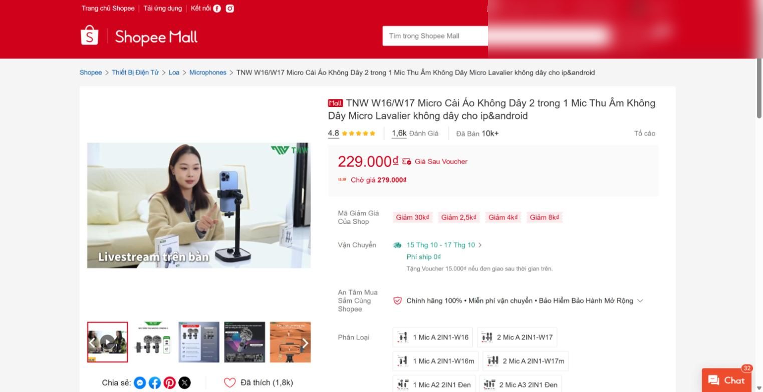 Trang sản phẩm TNW W16 trên Shopee Mall dùng để kiểm kết quả plugin Shopee