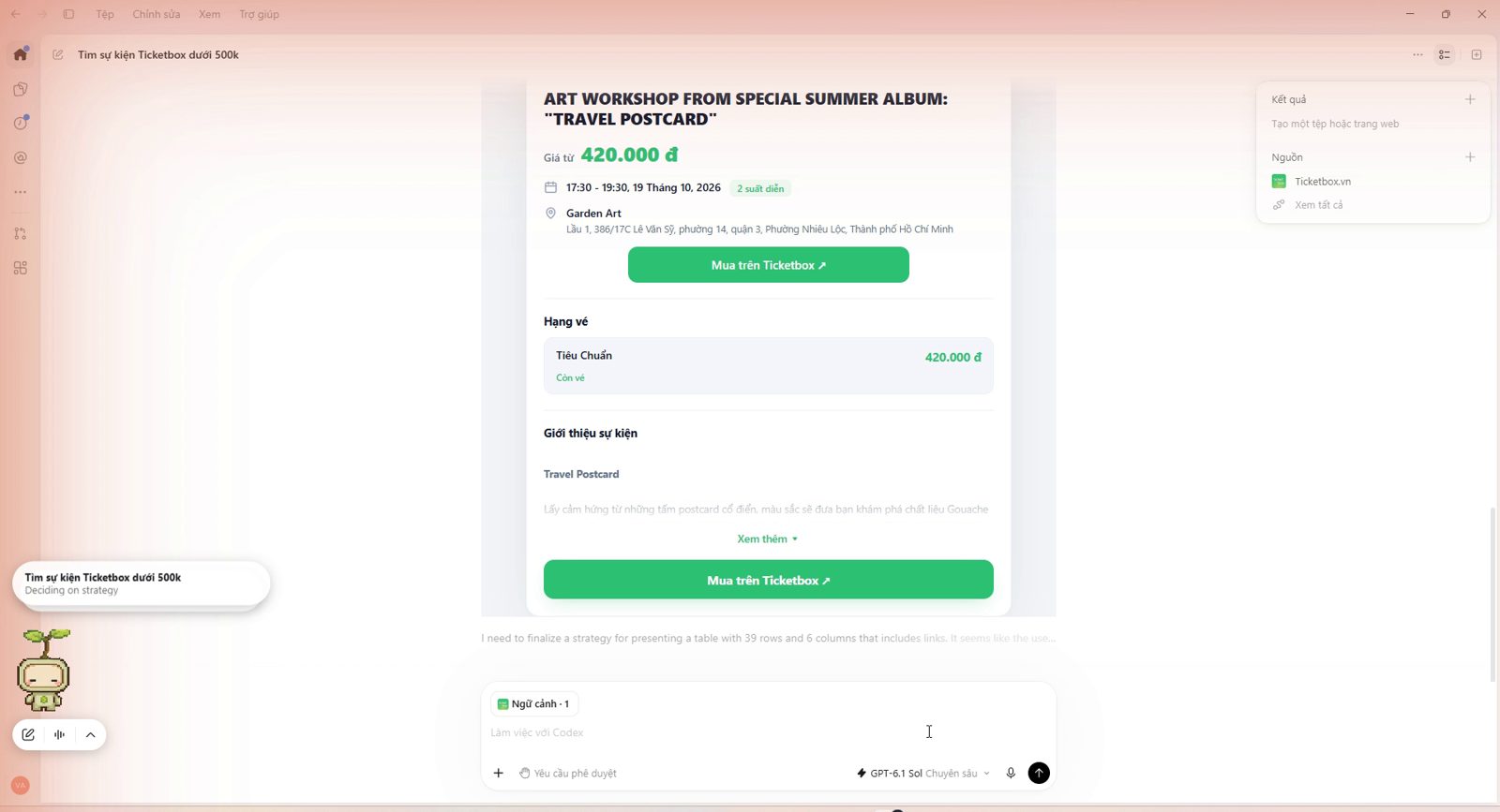 Thẻ sự kiện workshop hiện trong khung chat Codex từ plugin Ticketbox