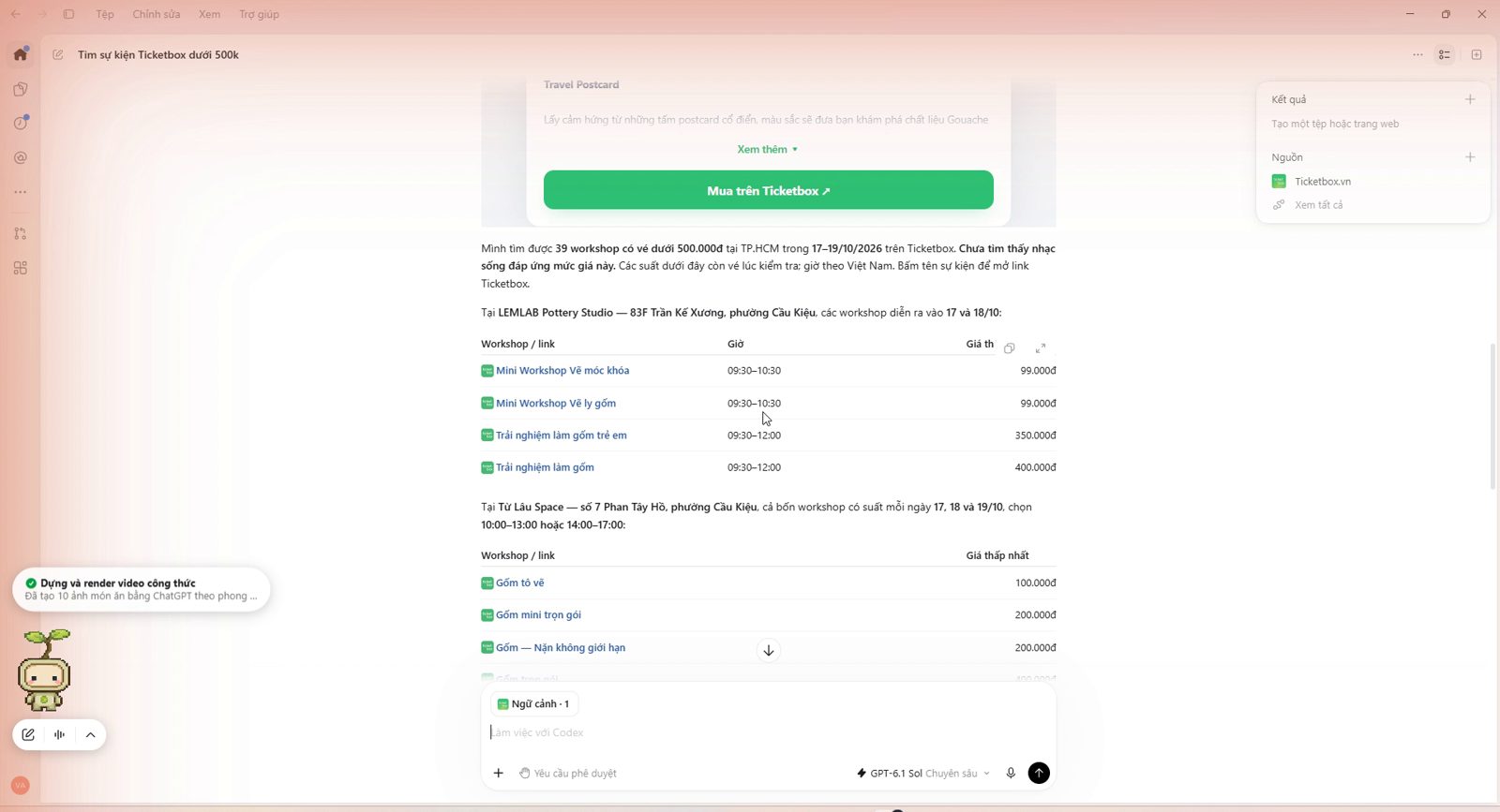 Bảng workshop dưới 500.000đ do plugin Ticketbox trả về, nhóm theo địa điểm