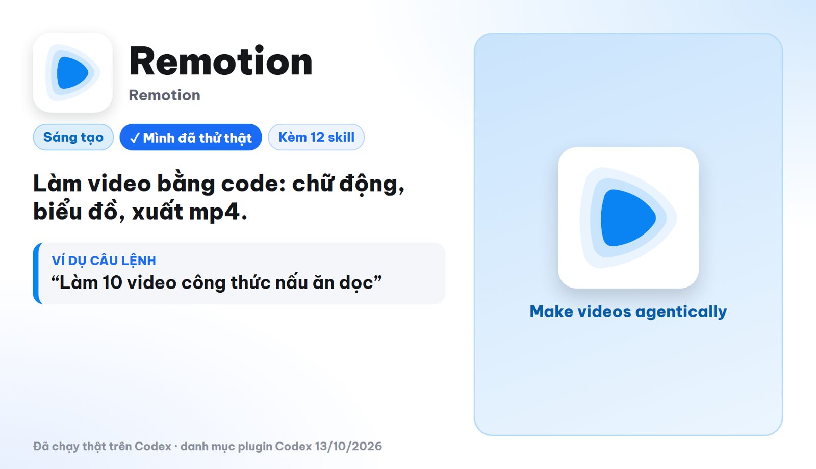Plugin Remotion kèm 12 skill dựng video bằng code trong Codex
