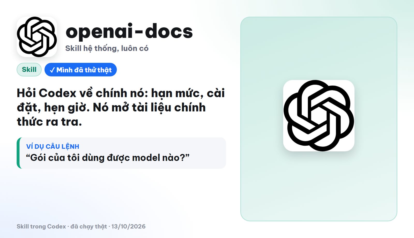 Skill openai-docs có sẵn trong Codex tra tài liệu chính thức của OpenAI