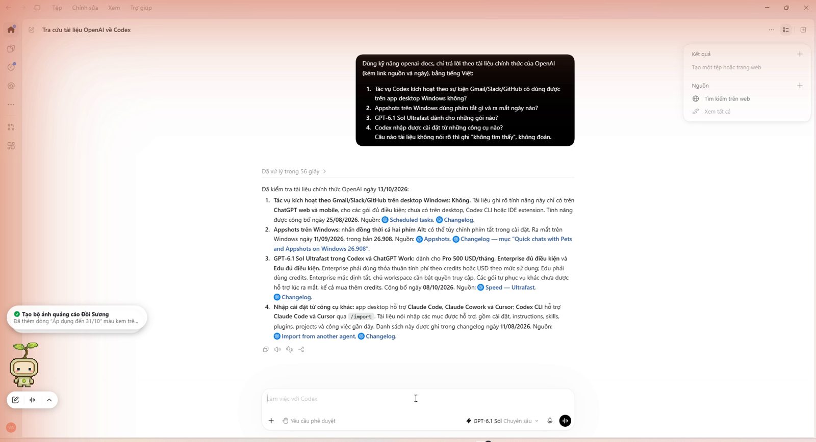 Câu trả lời của skill openai-docs kèm link nguồn và ngày cho từng câu