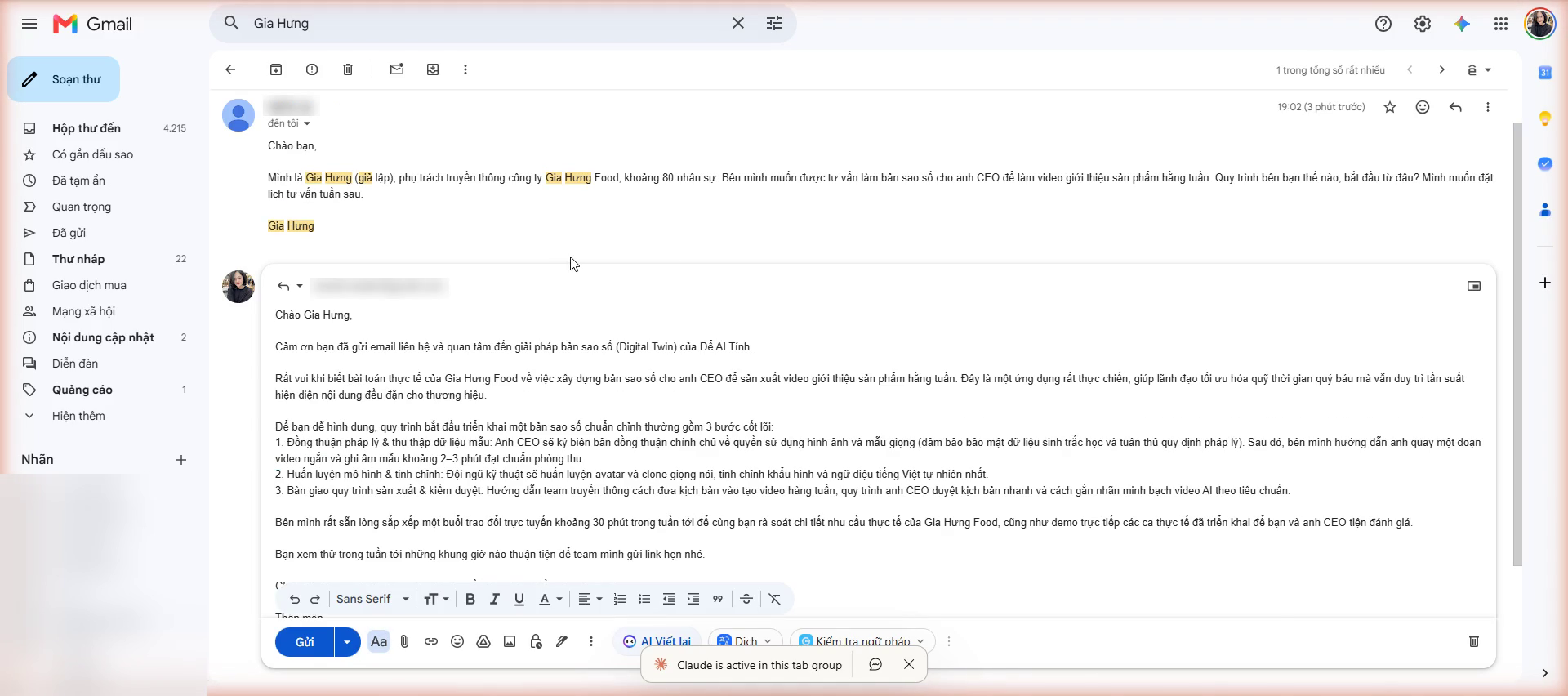 Hộp thư Gmail nhận email thông báo tiến độ tự động cập nhật dữ liệu.