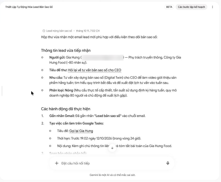 Nhật ký quá trình tự động kích hoạt khi có email hỏi báo giá mới gửi về.