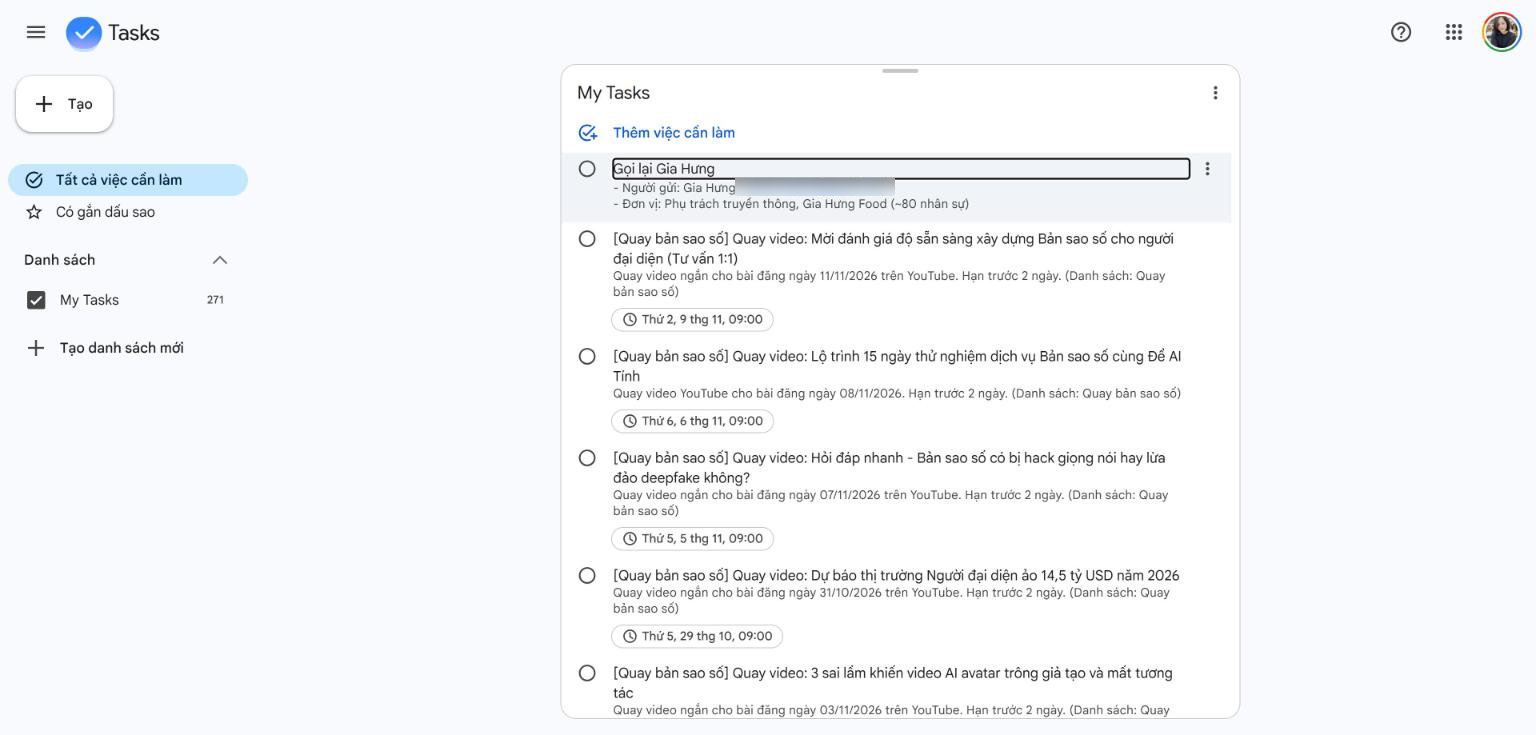 Danh sách các hạn chót quay dựng được đổ tự động vào Google Tasks.