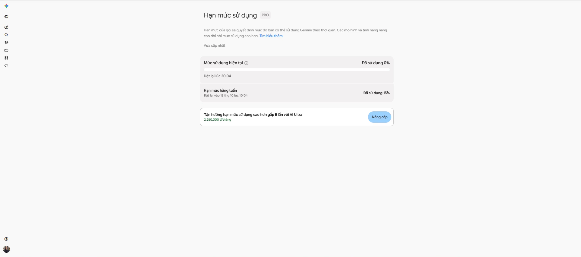 Thống kê mức tiêu thụ compute của Gemini Spark trên gói Google AI Pro.