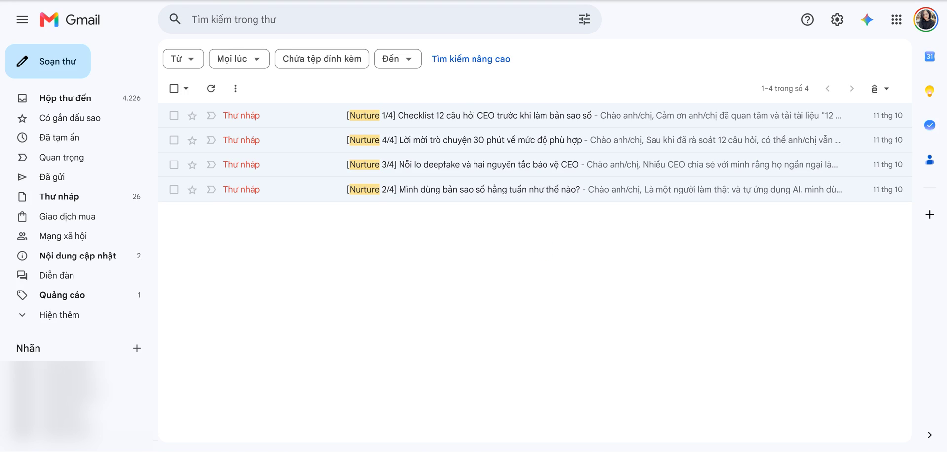 Chuỗi 4 email nháp chăm sóc khách hàng được soạn sẵn trong Gmail.