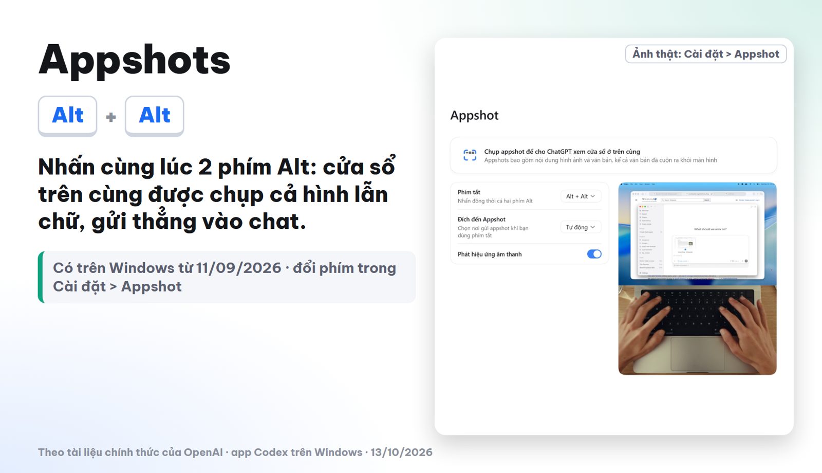 Tính năng ẩn Codex Appshots nhấn cùng lúc hai phím Alt trên Windows