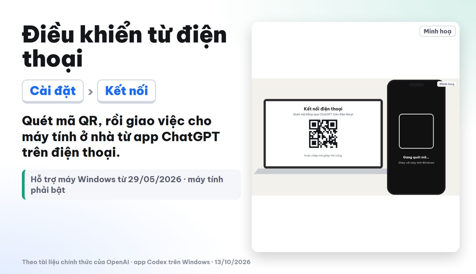 Minh hoạ ghép điện thoại điều khiển Codex trên máy tính bằng mã QR